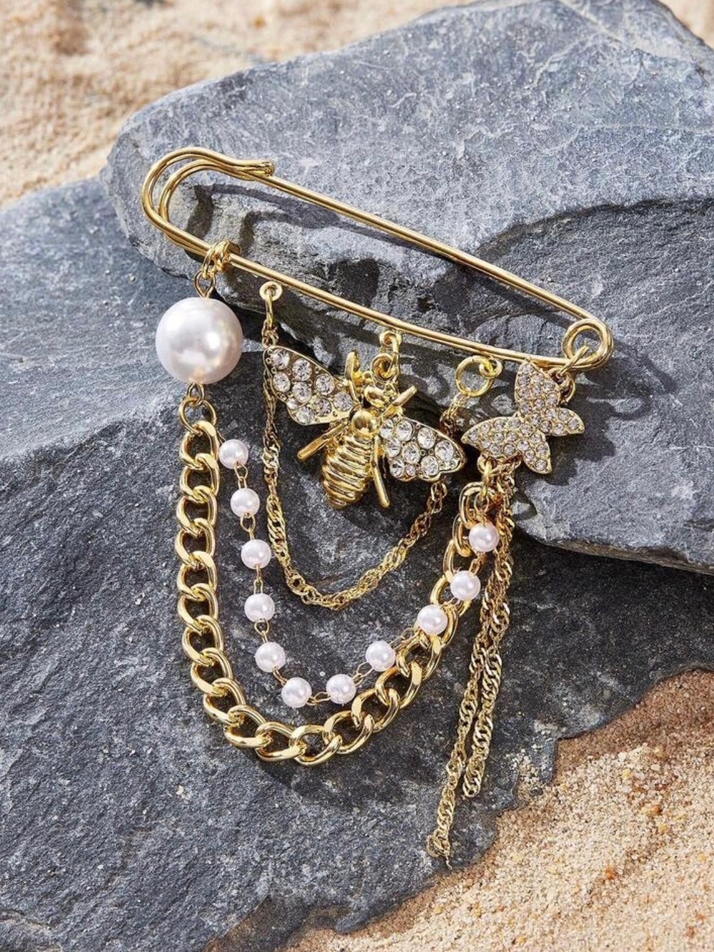 Gold Bee and Crystal Butterfly Pearl-Accent Chain Brooch